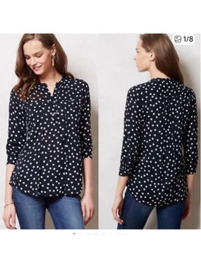Anthropologie Maeve Brunia Henley Navy Polka Dot Blouse size small